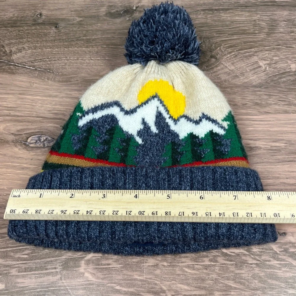 Target Mountain Landscape Knit Pom Beanie Kids One Size Blue Fleece Lined